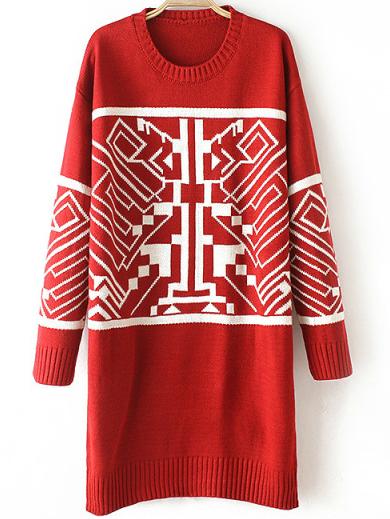 Romwe Long Sleeve Geometric Pattern Red Sweater Dress