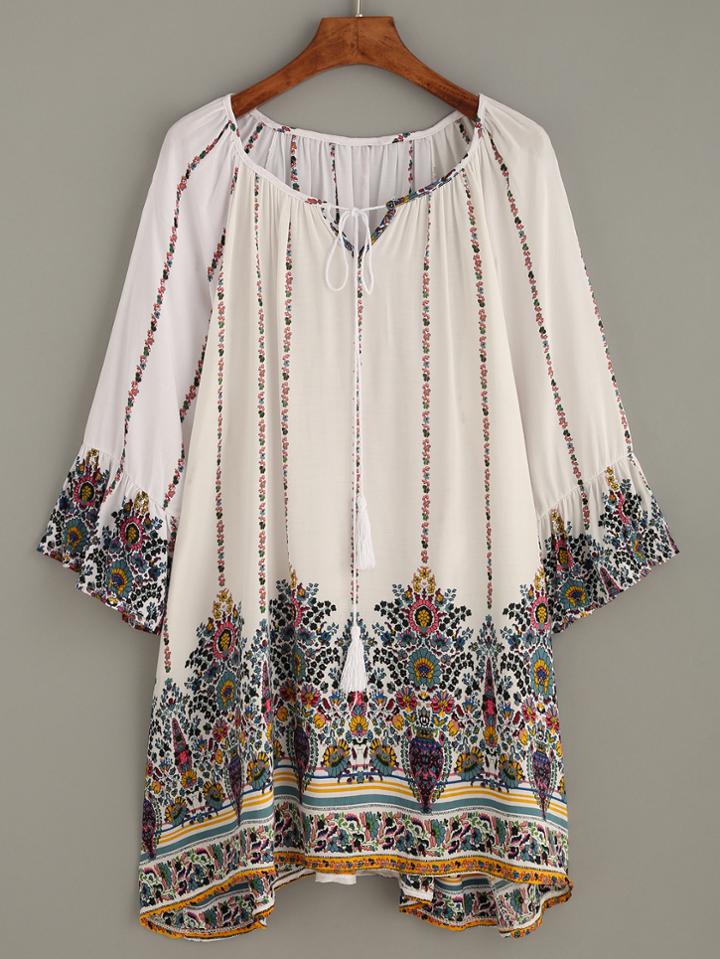 Romwe White Retro Print Tie Neck Ruffle Sleeve Dress