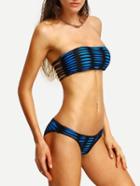 Romwe Contrast Ripped Strappy Bandeau Bikini Set - Blue