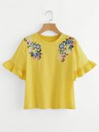 Romwe Frilled Sleeve Flower Embroidered Tee
