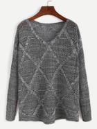 Romwe Grey Drop Shoulder Open Knit Diamondback Sweater