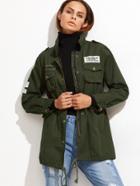 Romwe Army Green Print Back Patches Pocket Utility Coat