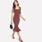 Romwe Tie Shoulder Polka Dot Pep Hem Dress