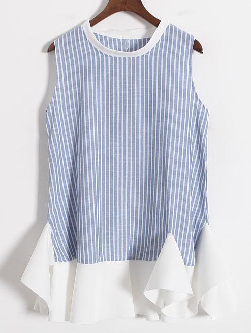 Romwe Peplum Hem Vertical Striped Blue Dress