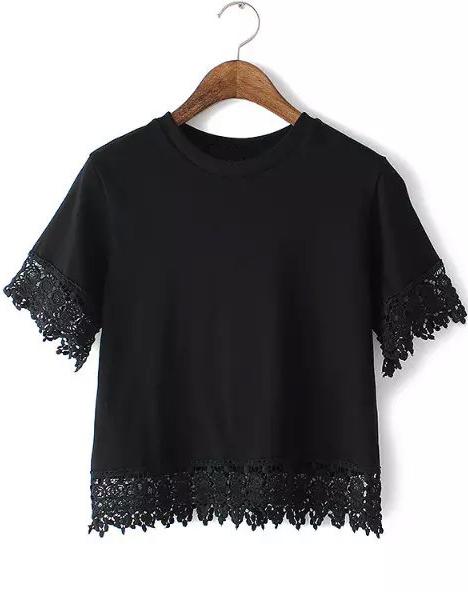 Romwe With Lace Hem Black T-shirt