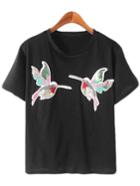 Romwe Black Bird Sequined Short Sleeve T-shirt