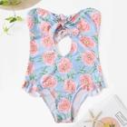 Romwe Floral & Striped Ruffle Bandeau One Piece Swim