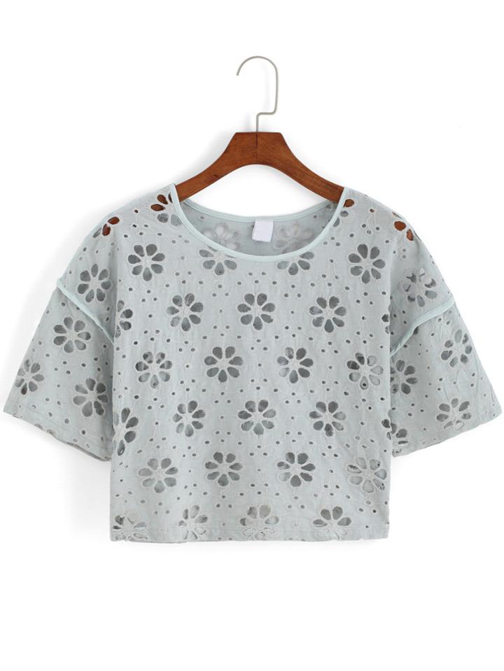 Romwe Short Sleeve Hollow Green Top