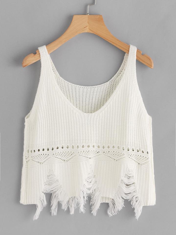 Romwe Eyelet Detail Distressed Hem Tank Top