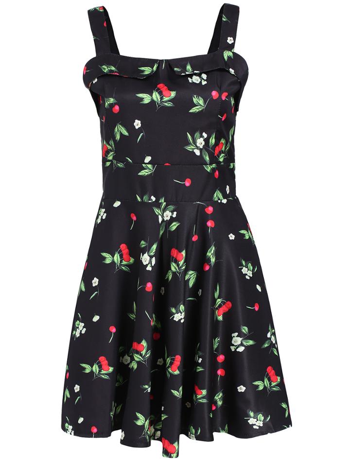 Romwe Cherry Print Pleated Sun Dress