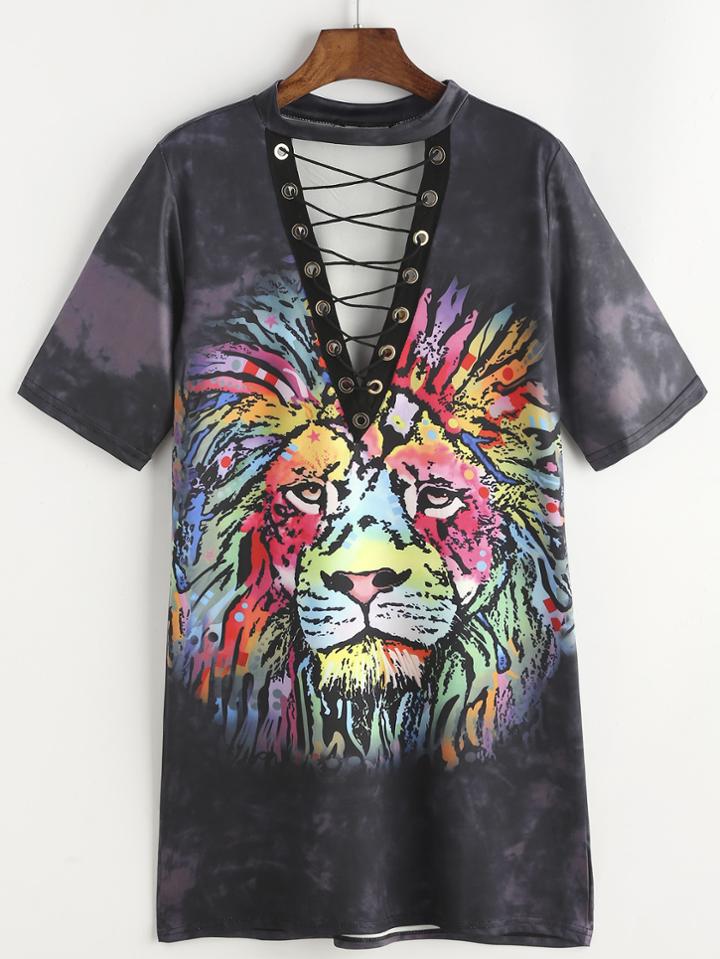 Romwe Bleach-dye Lion Print Grommet Lace Up Tee Dress