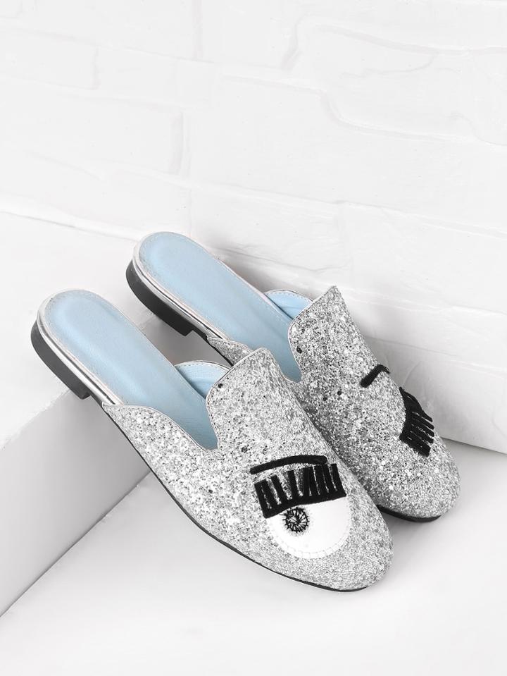 Romwe Eyelash Pattern Glitter Flat Mules