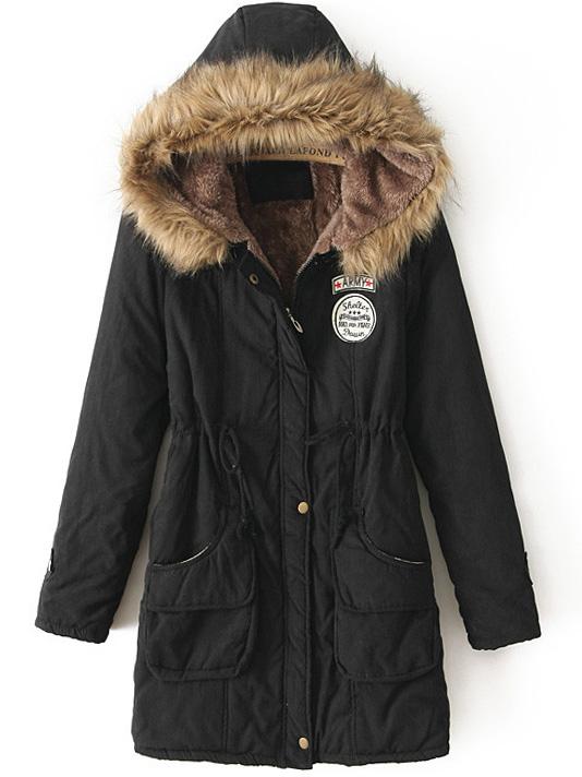 Romwe Hooded Drawstring Letter Patch Black Coat