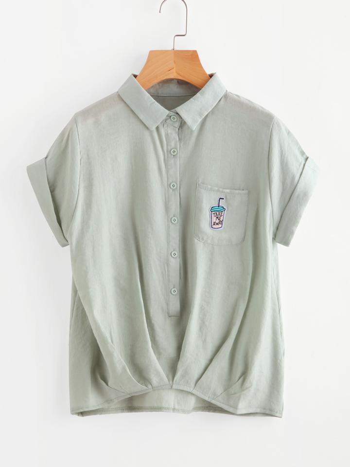 Romwe Bottle Patch Dip Hem Cuffed Blouse