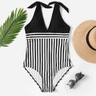 Romwe Striped Self Tie V-plunge One Piece Swimwear