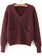 Romwe V Neck Chunky Knit Burgundy Sweater With Pockets