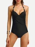 Romwe Halter Cross Wrap One-piece Swimwear - Black