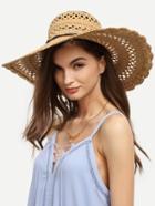 Romwe Khaki Collapsible Hollow Large Brimmed Straw Hat