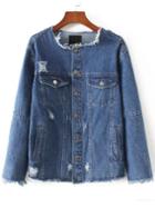 Romwe Blue Patch Back Frayed Asymmetrical Denim Jacket