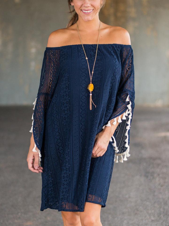 Romwe Blue Off The Shoulder Lace Fringe Sleeve Dress