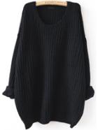 Romwe Black Drop Shoulder Textured Sweater