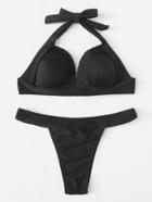 Romwe Halter Plain Bikini Set