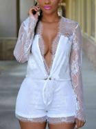 Romwe Plunge Neck Sheer Lace Romper - White