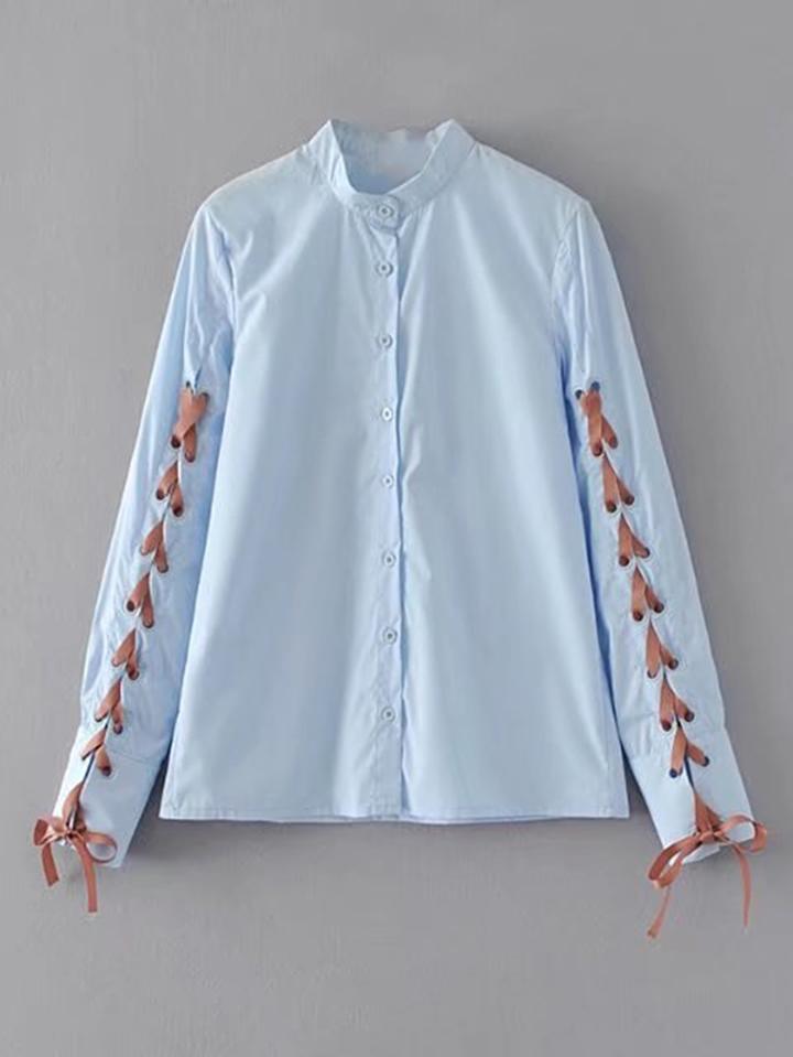 Romwe Band Collar Lace Up Sleeve Blouse