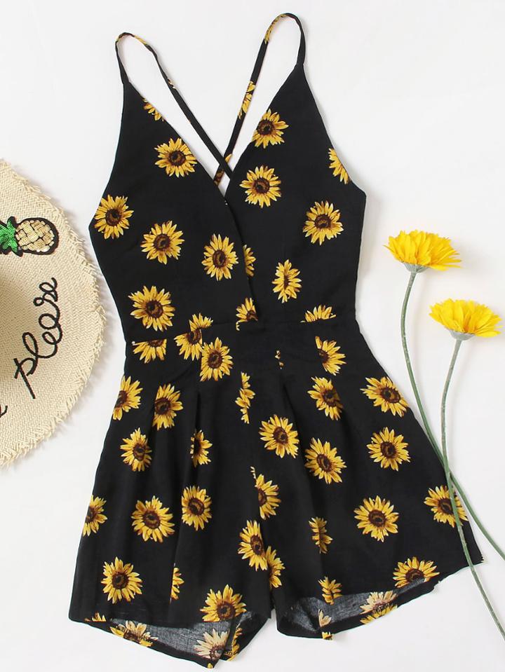 Romwe Daisy Print Random Crisscross Open Back Surplice Romper