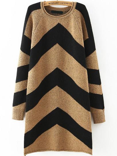 Romwe Crew Neck Zig Straight Khaki Dress