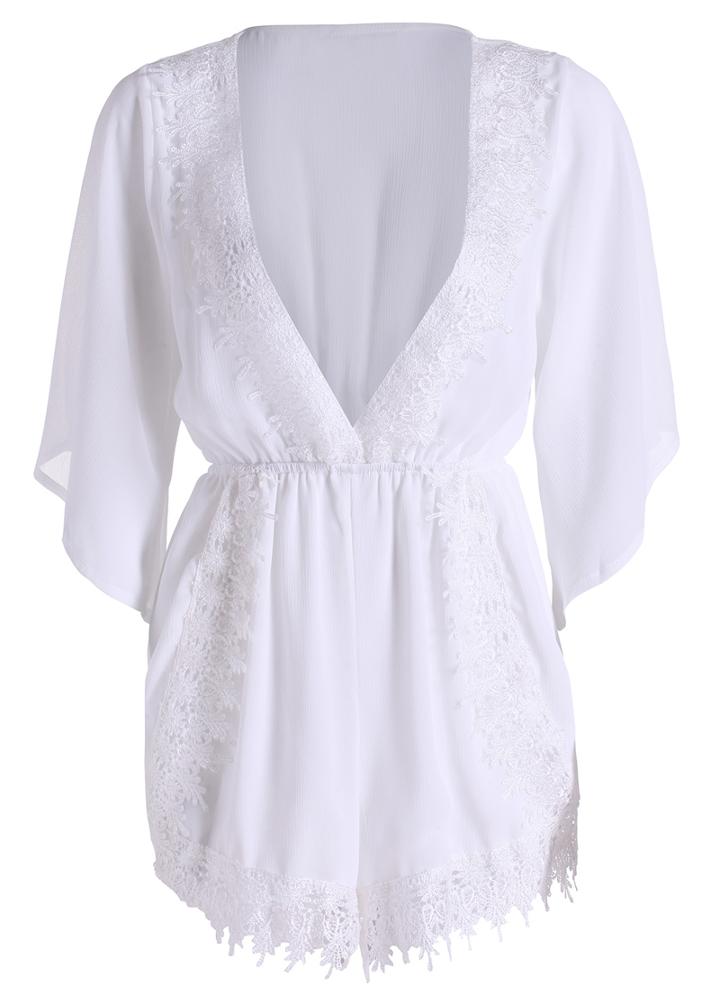 Romwe Deep Plunge Neck Lace Edge Jumpsuit