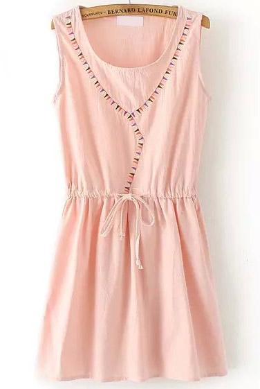 Romwe Pink Sleeveless Triangle Embroidered Drawstring Dress