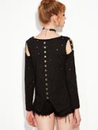 Romwe Black Metal Eyelet Back Distressed T-shirt