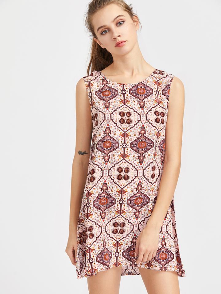 Romwe Aztec Print Self Tie Open Back Dress