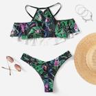 Romwe Ruched Ruffle Random Tropical Bikini Set