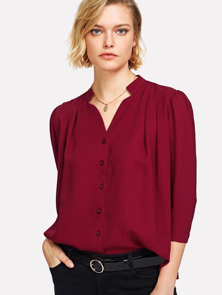 Romwe V Neck Button Front Blouse