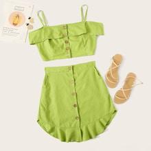 Romwe Button Front Flounce Trim Crop Cami Top & Skirt