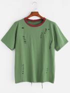 Romwe Green Contrast Trim Ripped T-shirt