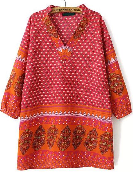 Romwe Red V Neck Long Sleeve Floral Dress