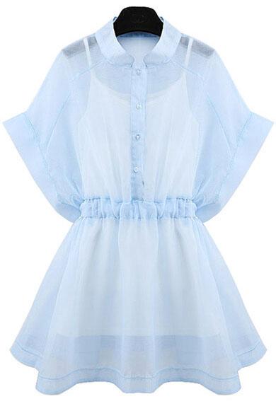 Romwe Stand Collar With Buttons Organza Blue Dress