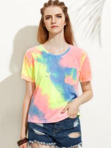 Romwe Rainbow Watercolor Chest Pocket Tee