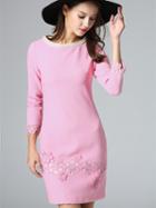 Romwe Pink Round Neck Length Sleeve Beading Embroidered Dress