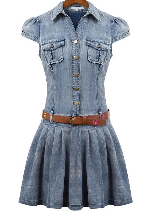 Romwe Lapel With Pockets Denim Pleated Dress