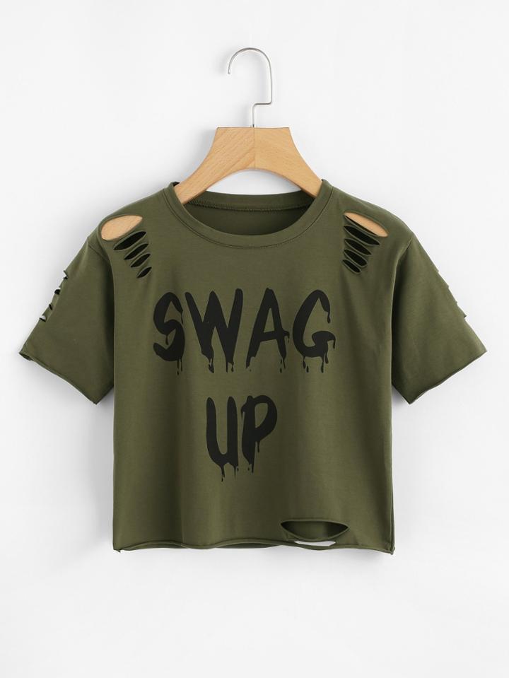 Romwe Slogan Print Ripped Crop Tee