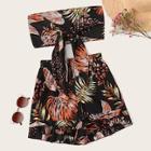 Romwe Tropical Print Tie Front Bandeau With Shorts