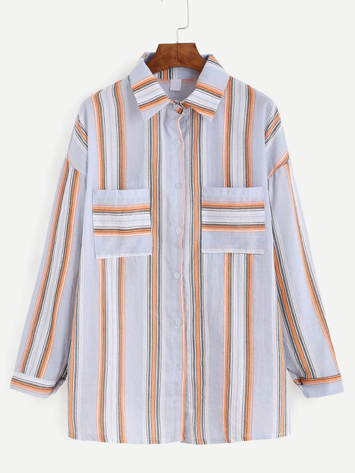 Romwe Mixed Stripe Buttons Front Drop Shoulder Blouse