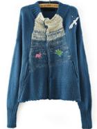 Romwe Stand Collar Crane Embroidered Blue Cardigan