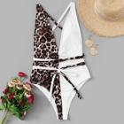 Romwe Leopard Criss Cross Backless One Piece Swimwear