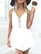 Romwe Spaghetti Strap Lace Insert Cut Out Knotted White Romper