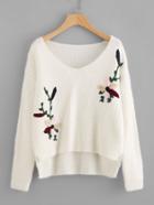 Romwe Flower Embroidered High Low Fuzzy Jumper